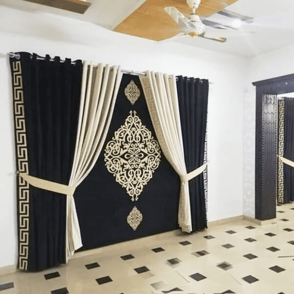 Blind Curtains Velvet Fabric Laser Cut Art – Black Off White Versace – @ Per Sqr Ft — Blind Curtains price in Pakistan
