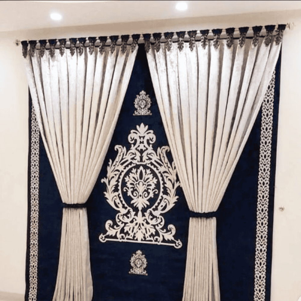 Blind Curtains Velvet Fabric Laser Cut Art – Dark Blue Off White – @ Per Sqr Ft — Blind Curtains price in Pakistan
