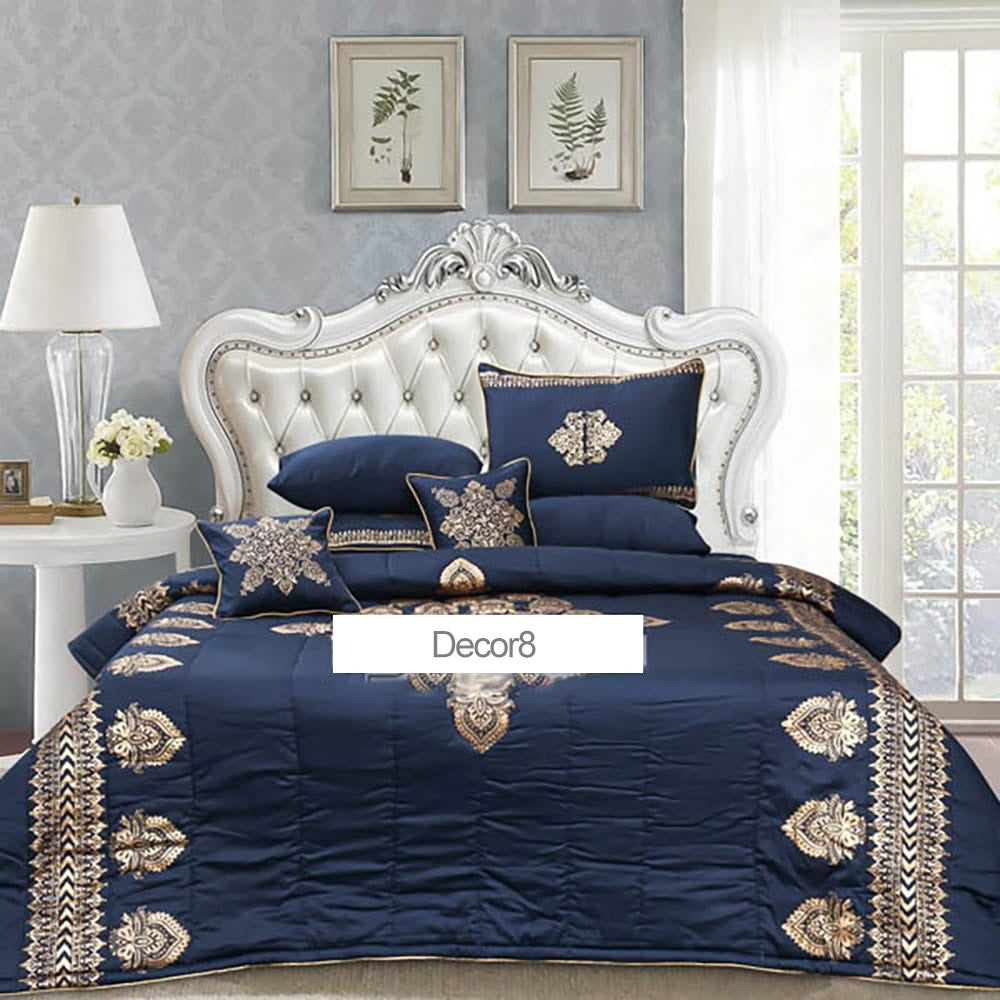 8 Pcs Comforter Set Cotton Sateen Block Printed – Blue — Bridal Bedding Sets price in Pakistan