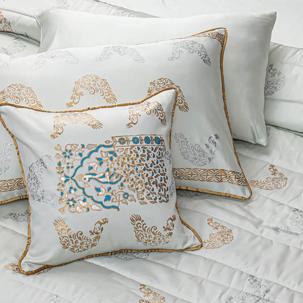 8 Pcs Comforter Set Cotton Sateen Block Printed – Symphony White — view 2