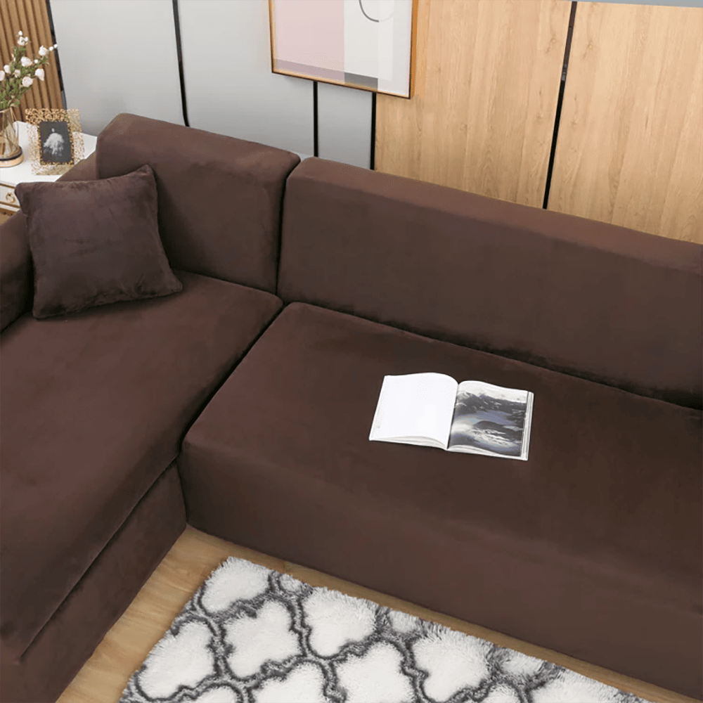 L-Shape Fitted Jersey Sofa Cover - Brown — view 3