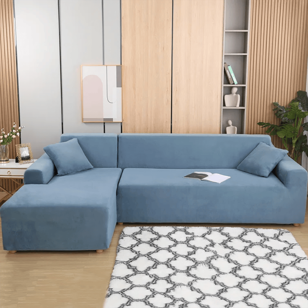 L-Shape Fitted Jersey Sofa Cover - Light Blue — view 2