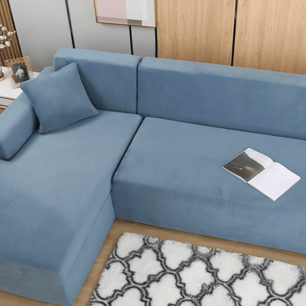 L-Shape Fitted Jersey Sofa Cover - Light Blue — view 3