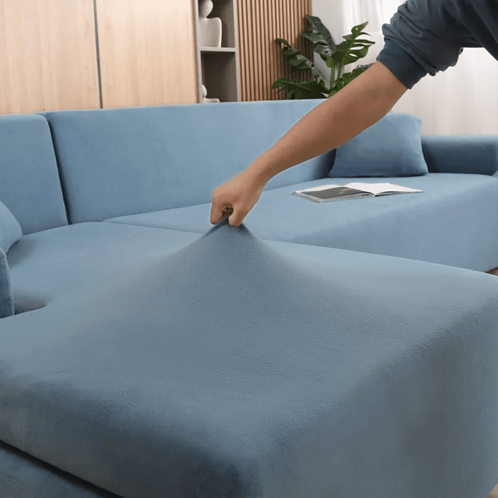 L-Shape Fitted Jersey Sofa Cover - Light Blue — view 4
