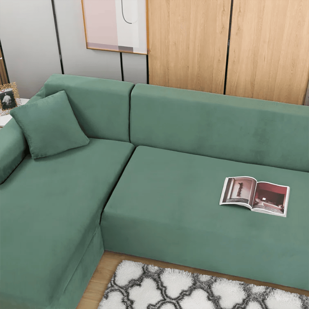 L-Shape Fitted Jersey Sofa Cover - Light Green — view 3