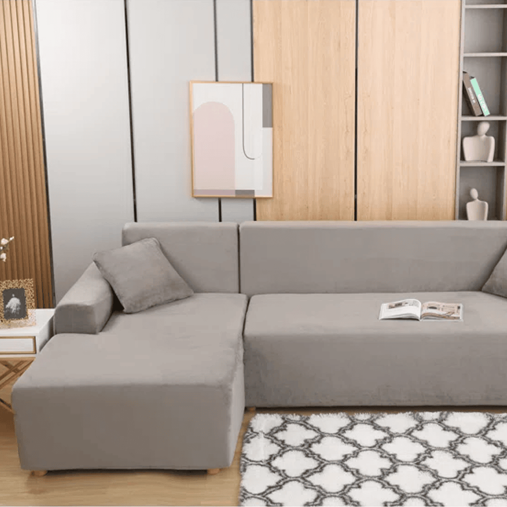 L-Shape Fitted Jersey Sofa Cover - Light Grey — view 2