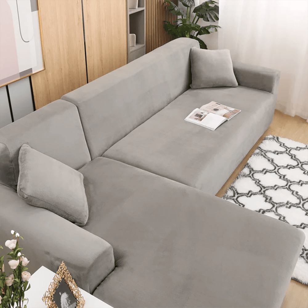 L-Shape Fitted Jersey Sofa Cover - Light Grey — view 3
