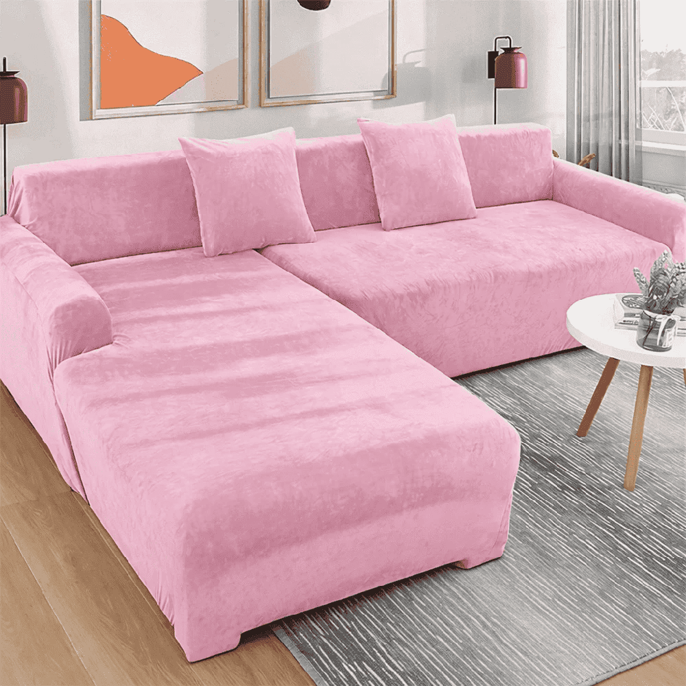 L-Shape Plain Velvet Sofa Cover - Light Pink — L Shape Sofa Covers price in Pakistan
