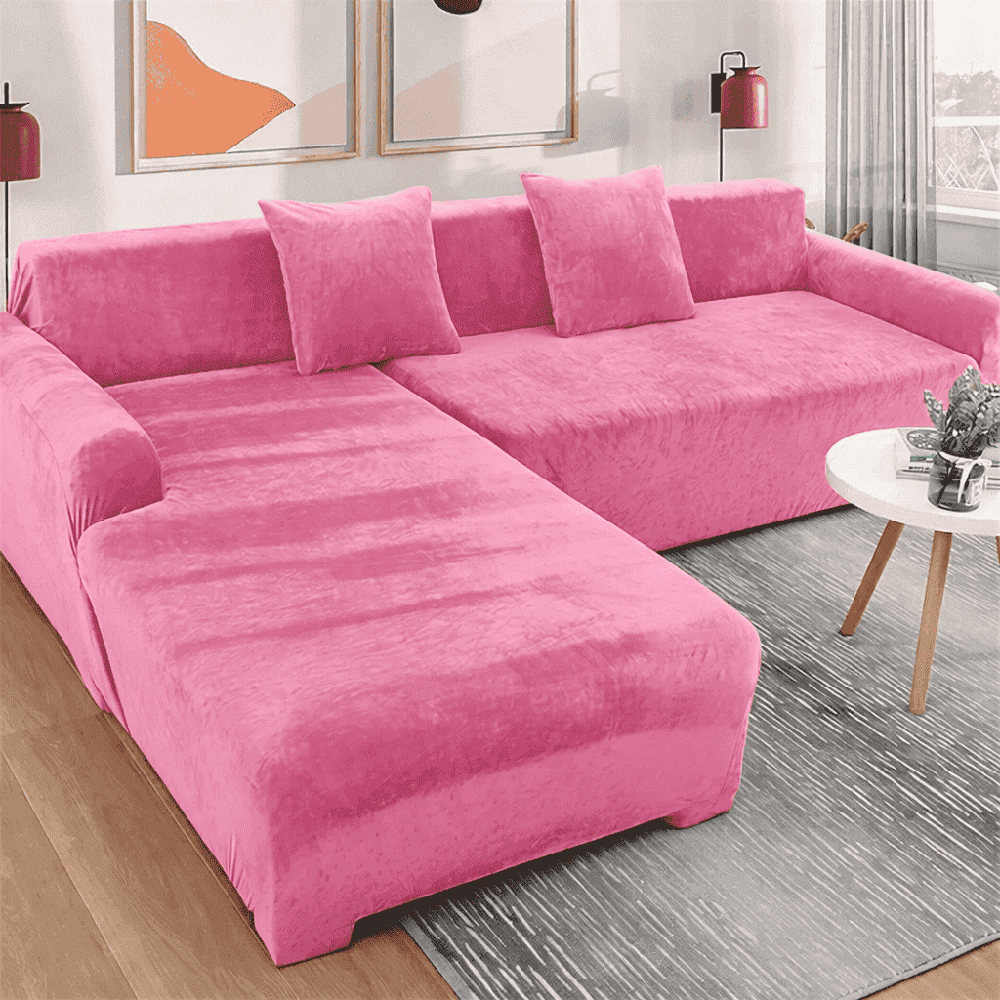 L-Shape Plain Velvet Sofa Cover - Pink β L Shape Sofa Covers price in Pakistan