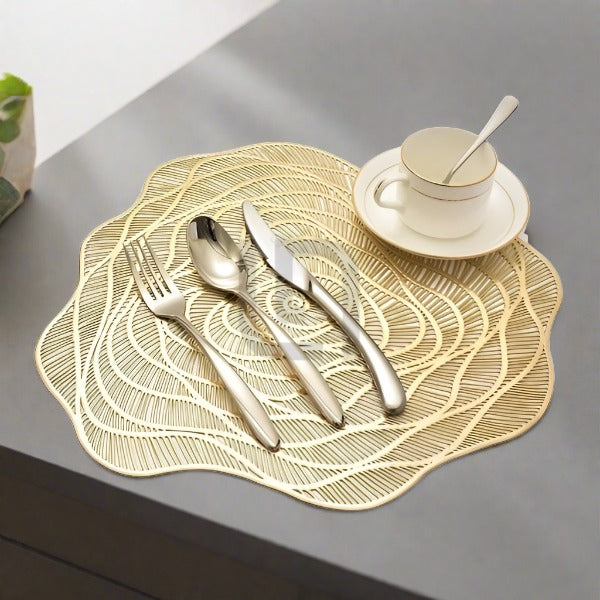 6 Pcs PVC Placemats & Coaster Hollow Out Non Slip Dining Table Mats - Golden — Table Mats price in Pakistan