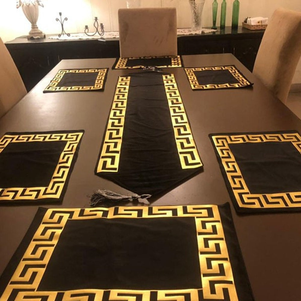 7 Pcs Elegant Versace Premium Velvet Table Runner Set – Black — Table Runners price in Pakistan