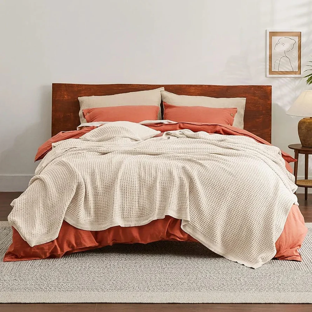 Cotton Waffle Weave Sofa & Bed Throws Blanket for Summer - Beige — Throws price in Pakistan